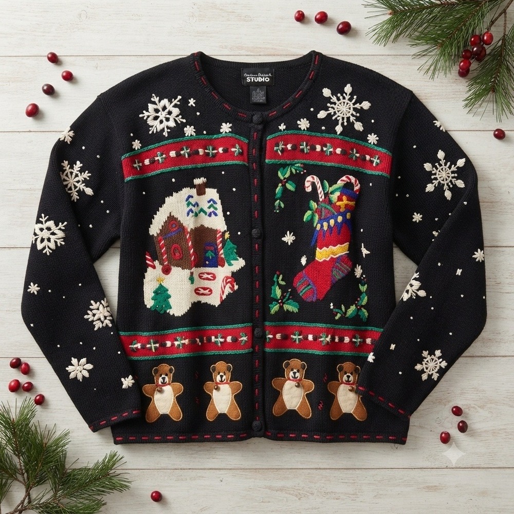 VTG Ugly Christmas Cardigan XL novelty Embroidered Beaded gingerbread candy cane